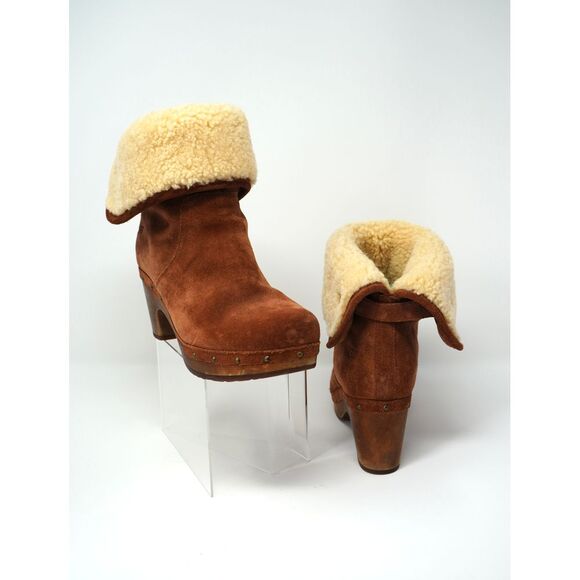 Ugg Lynnea Suede and Shearling Wooden Sole Clog Boots Red Wood Color - Picture 9 of 9